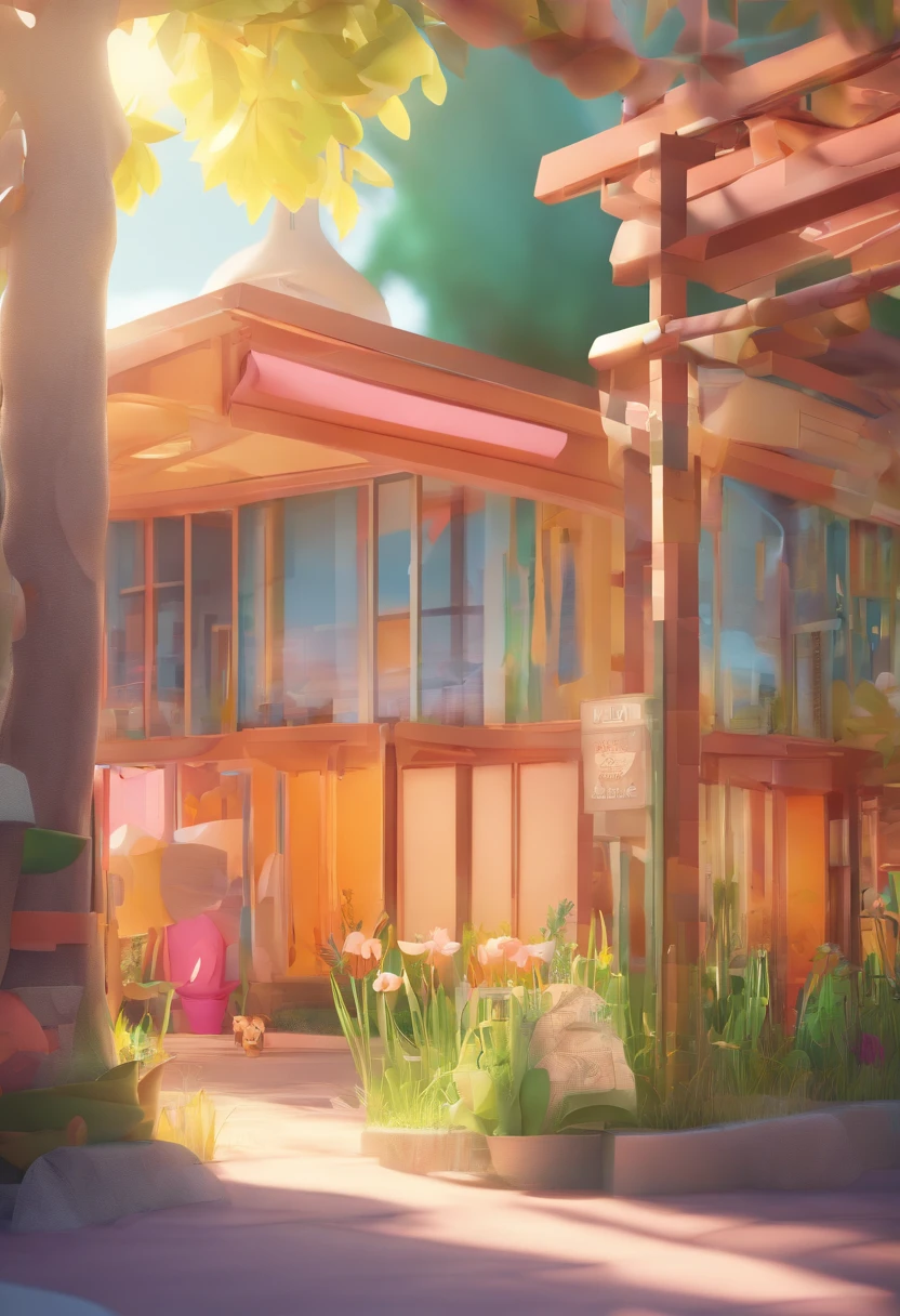 Scenery, animal shelter, children's book illustration style, simple, cute, bright colors, Pixar style, super realistic anime.