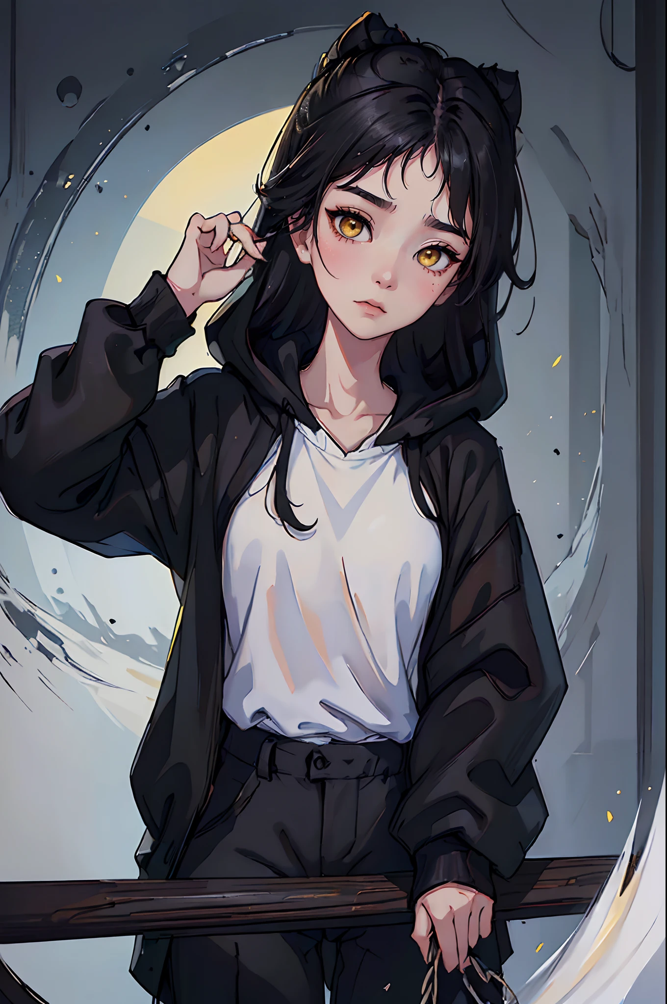 (4K works))、​masterpiece、(top-quality)、shopping、Korean female、adult  woman、((Adult 26 years old))、((Face similar to Hyunjin))、cool lady、tall、((Glaring expression))、((Sleepy face))、((Strong eyes))、((Wearing a white T-shirt and black hooded jacket、Wear long black pants))、((Wear a black mask))、((Smaller face))、Slim body、((How to stand a sales match))、((Cheeky way of standing))、((Bad girl))、((Black long-haired))、((Yellow eyes))、((shot from front))、((Looking down on the viewer))、((rearing))、Blunt pose、((Shot alone))、((Solo Photography))