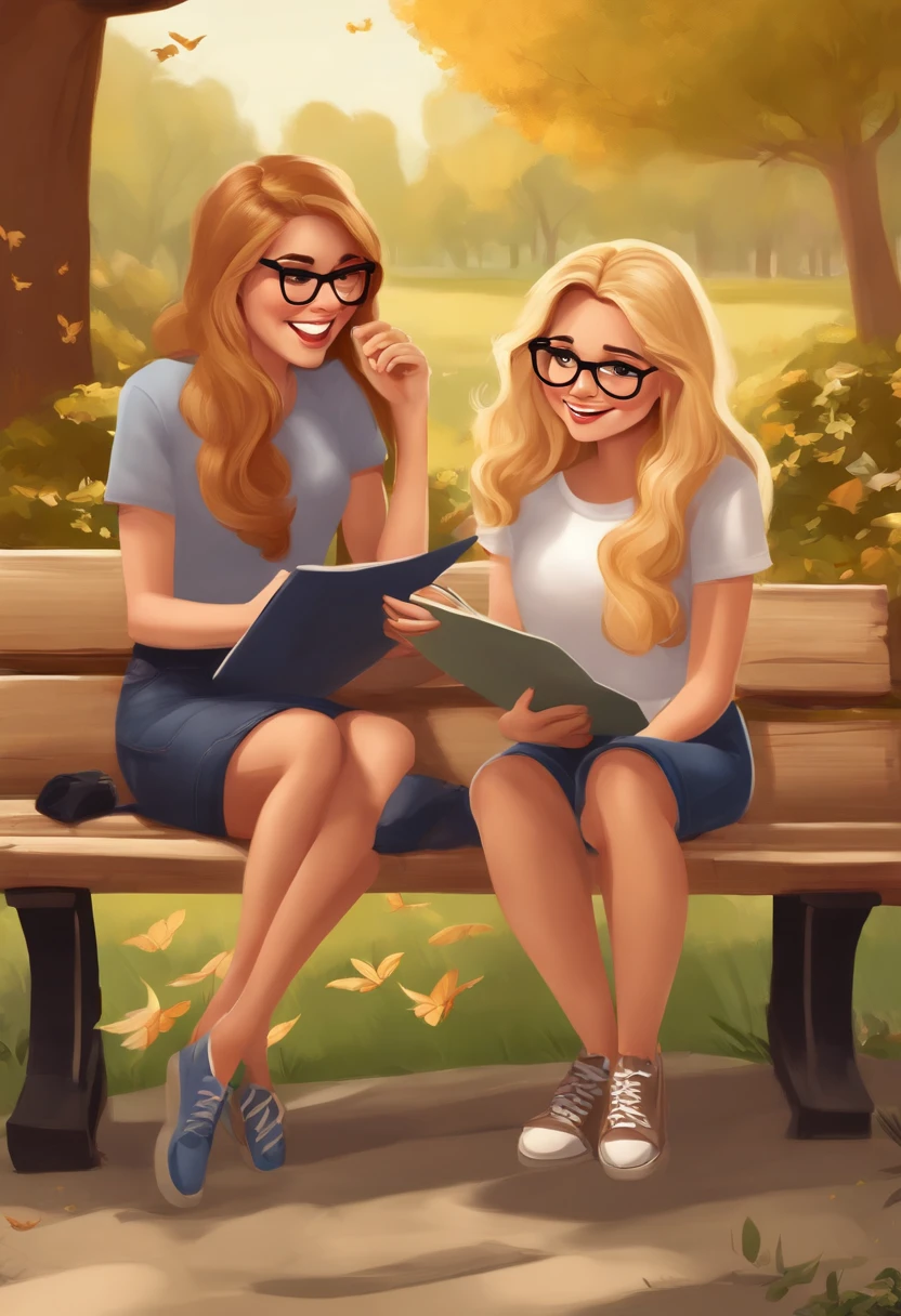 cartoon style, disney, pixar three friends siting down on a bench, blond woman wearing glasses, white t shirt, dark blue jeans, black shoes, blond woman wearing blue shirt, black skirt white shoes, brown wavy hair girl, black shirt, grey jeans, wearing glasses, butterflies around them, sunny day, autumn trees