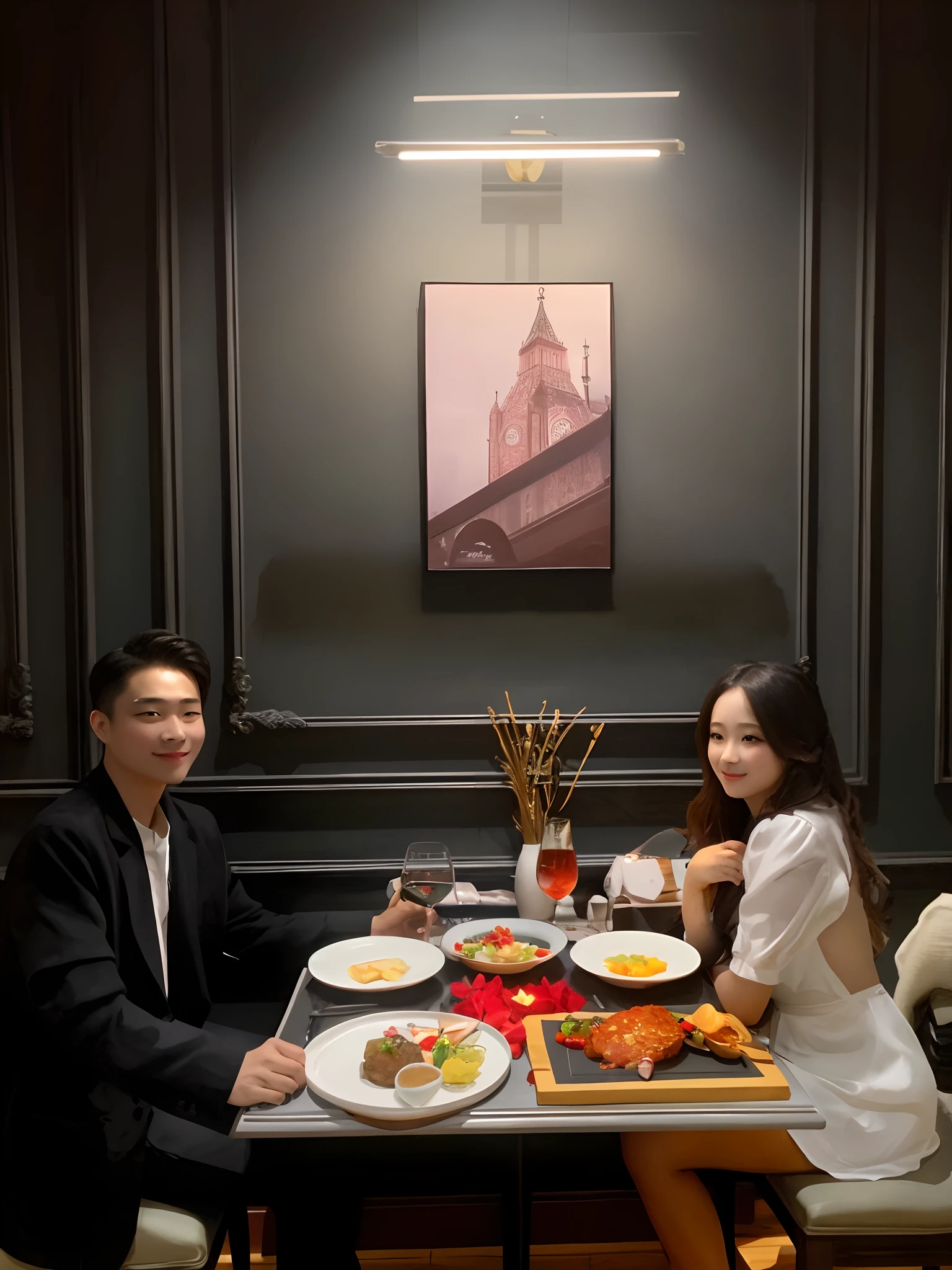 Romantic candlelit dinner,Husband and wife sit opposite each other,Goblets taste exquisite food,The table was full of plates and cutlery,Soft lighting illuminates the entire dining table,The atmosphere is romantic and warm。