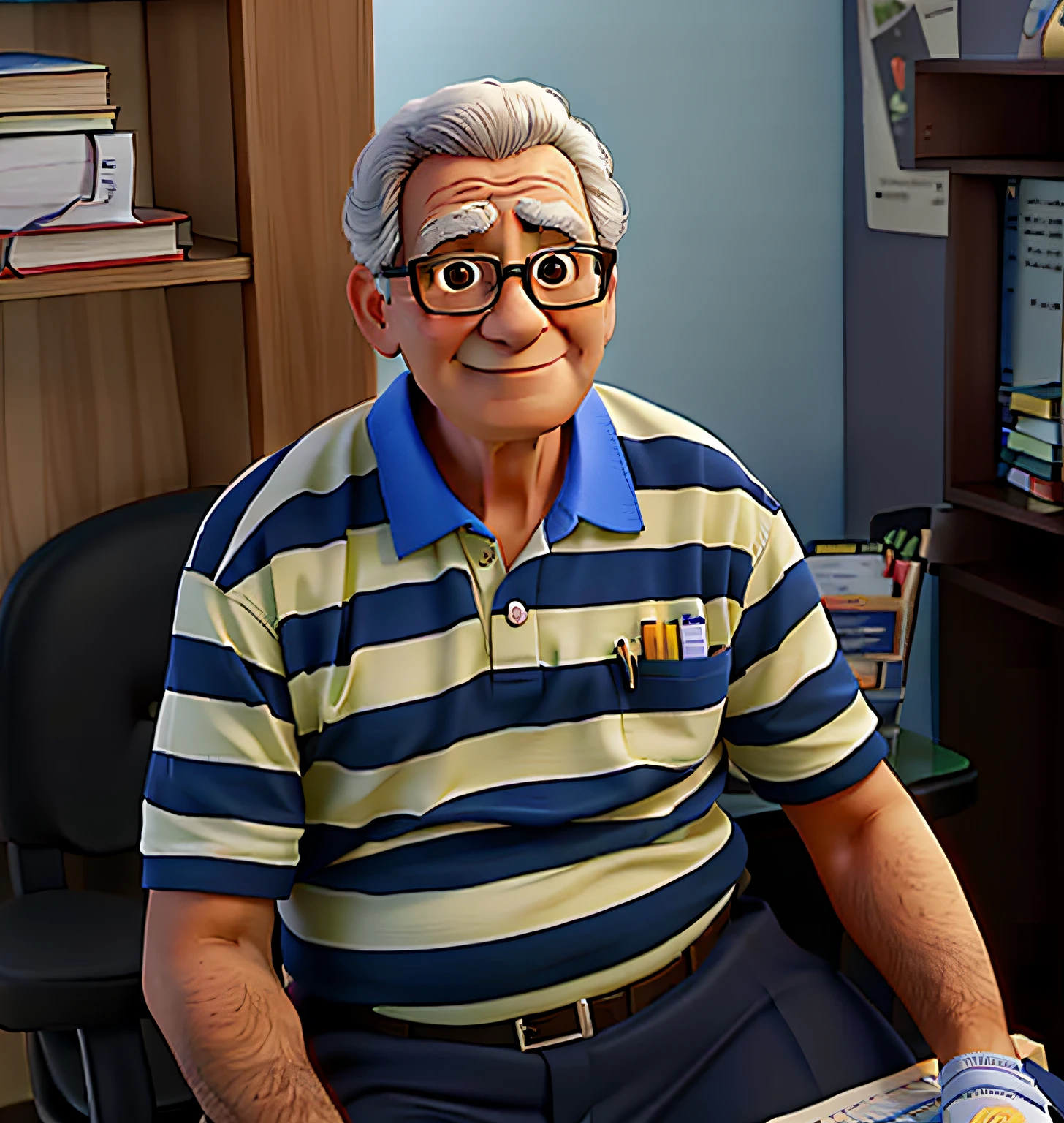Um VELHO COM IDADE APROXIMADA DE 80 ANOS SENTADO EM UMA CADEIRA parado, BEHIND A DESK WITH BOOKS AND MEDICINE, CERCADO DE ESTANTES DE LIVROS, iluminado pela luz de uma LANTERNA, VESTIDO COM UMA CAMISA REGATA contra o pano de fundo de uma PAREDE COM UMA JANELA COM UMA CORTINA