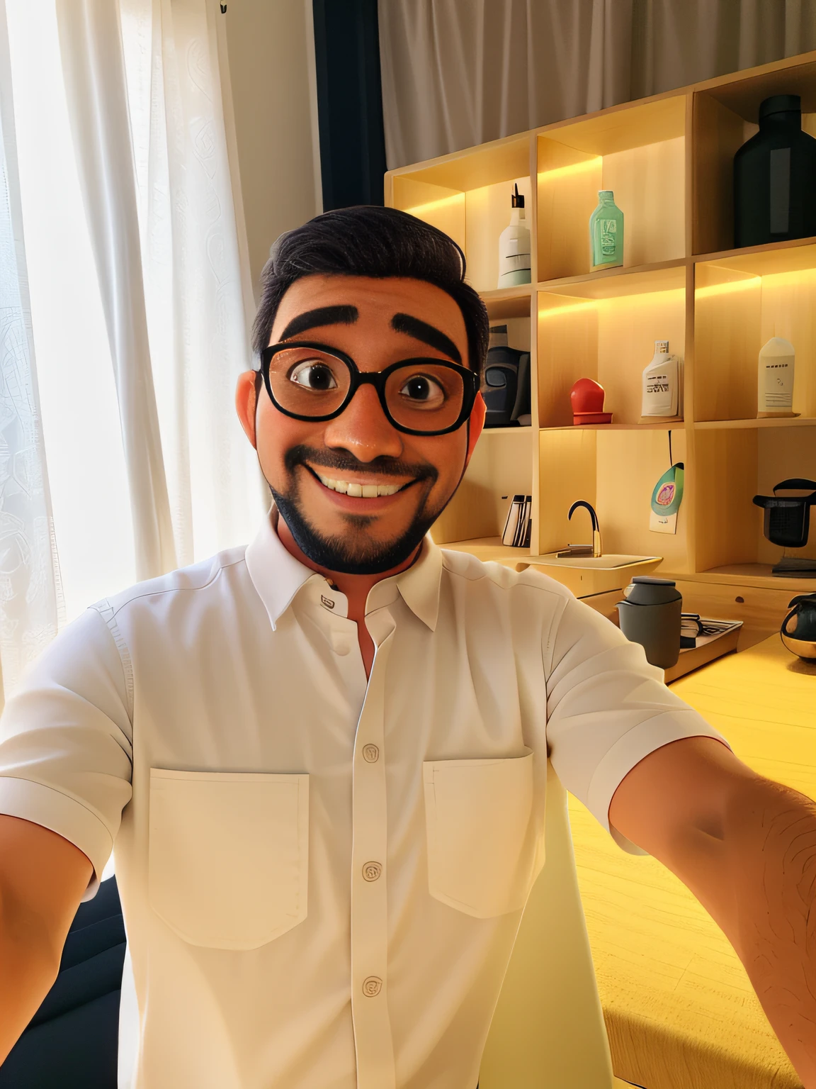 Homem de 40 anos sorrindo com barba grisalha, nariz afilado com o tom de pele parda, cabelos baixo e grisalhos, Wearing Rounded Glasses. Olhos levemente puxados. Fazendo uma self com um leve sorriso, em um ambiente de arquitetura moderna com prateleiras.