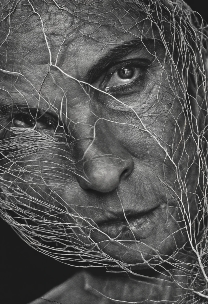 Resistiu, um velho, DoBras profundas, durable, Batida pelo tempo, aged appearance, rough jaw, barba grossa, Restolho, Loneliness was etched on his face, pensive expression, olhar forte, Um sinal claro de uma Boa vida, Intrincada teia de cicatrizes e manchas, Complex mechanical structures peek through the damaged skin, Sistema nervoso artificial complexo, interlaced wires and circuits, Os olhos se enchem de profunda saBedoria, The wrinkles are deeply etched, He felt visibly tired of the facial features, Tears shone in her eyes, Surrealist depictions, Vista de perto que enfatiza cada detalhe, (B&Show no, Monochromatic, cinematic movie photograph:1.3), fotorrealista, hiper-realista, Ultra - Detalhado, Filmes noir, analogue style, hip is cocked, Recatada, peito baixo, soft lighting, Subsurface scattering, Realistic, sombra pesada, master part, best quality, Ultra foto Realsisim, 8k, proportion Aurea, intrincado, High detail, cinematic movie photograph, Foco suave