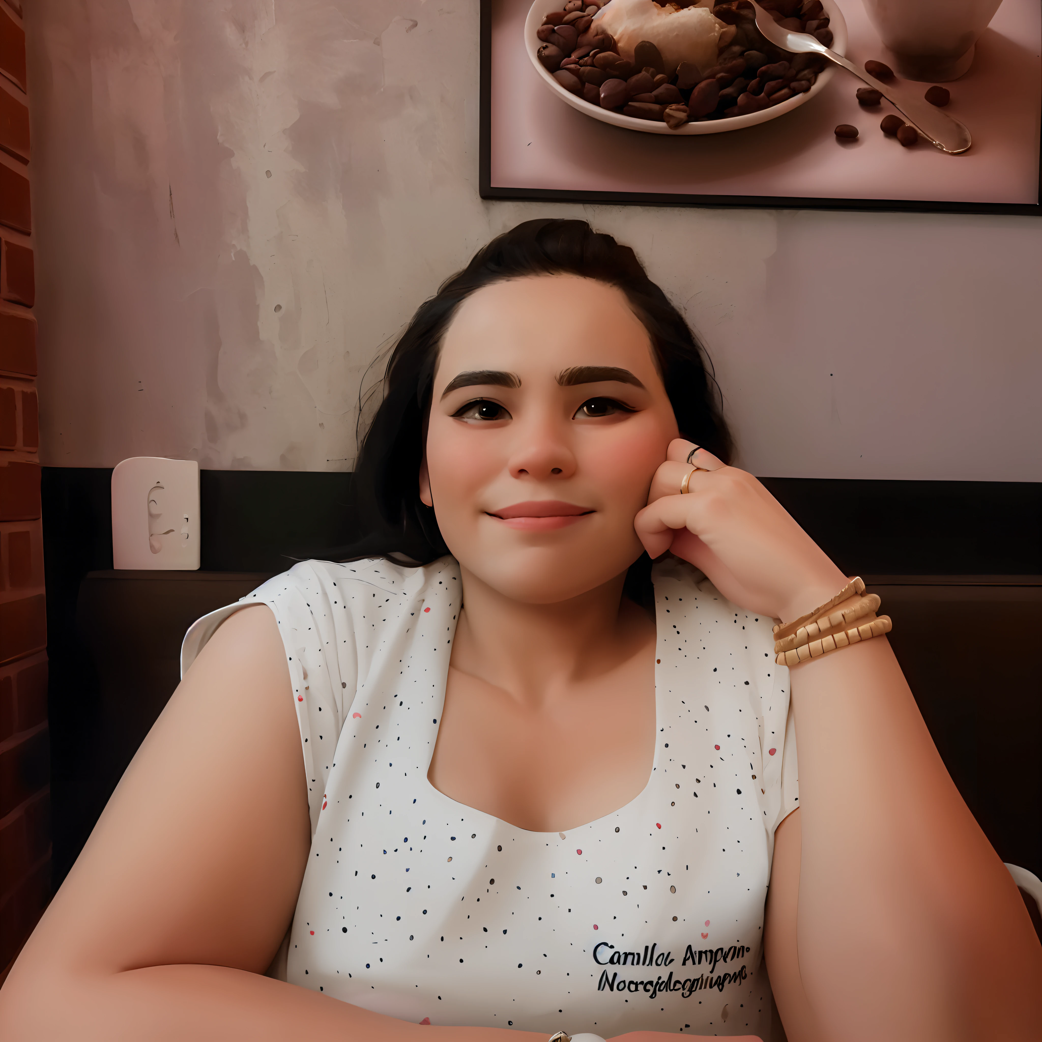 foto do perfil, rosto bonito, sorrindo, Long black hair back, Left hand resting on cheek, mulher branca, camisa escrito Camila Amorim e com bolinhas bem pequenas coloridas, em baixo Neuropsicopedagoga, behind a wall with decorations, This one with a ring on his left hand and two bracelets, cabelo preto, The back also has a white eraser that can be removed. At the top of the wall is a picture with a plate full of coffee beans, a golden spoon on top and a piece of white chicará making eyeshadow, On the right side is a small piece of brick wall