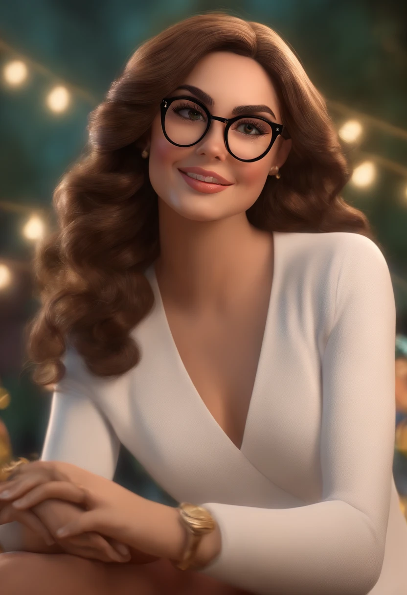 "(best quality,ultra-detalhado,Realistic:1.37),3D rendering,illustration,design de personagens,cabelos curtos e cacheados escuros,belos olhos detalhados,wearing white glasses,Estilo Pixar,morena mulher,Dancing on the Disney stage,atmosfera animada,vivid colors,luzes de palco,expression joyful"
