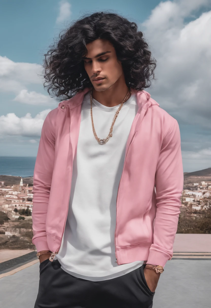 Personagem homem de anime bonito de cabelo rosa olhos rosa camiseta btanca causa preta e tenis estiloso