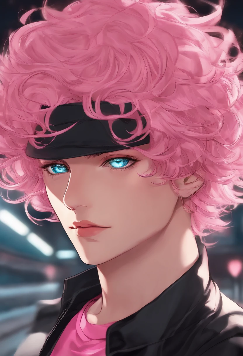 Personagem homem de anime bonito de cabelo rosa olhos rosa camiseta btanca causa preta e tenis estiloso