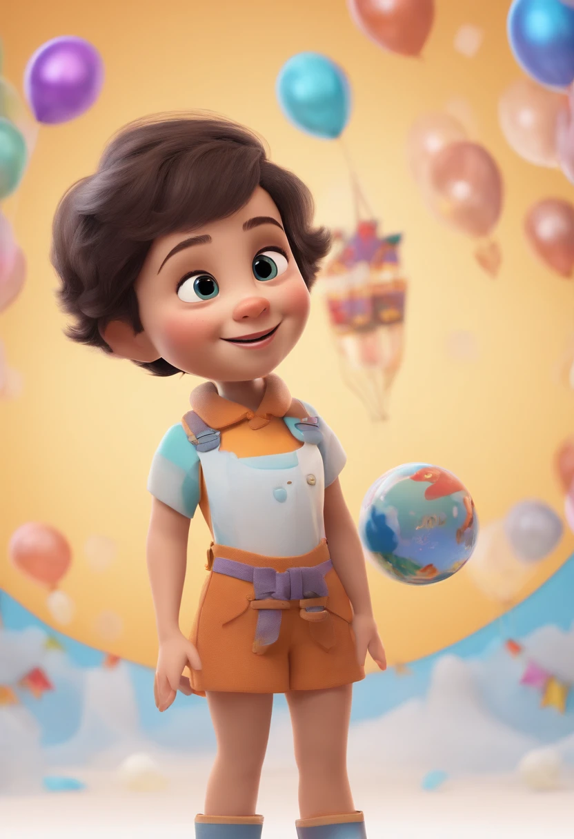 A happy and cute girl standing with short hair, vestindo uma fantasia espacial, , Backgrounid branco, Cabrito, Tom, Estilo Pixar, ....。...3d, caricaturas, Detalhe Face, asymmetrical 16k