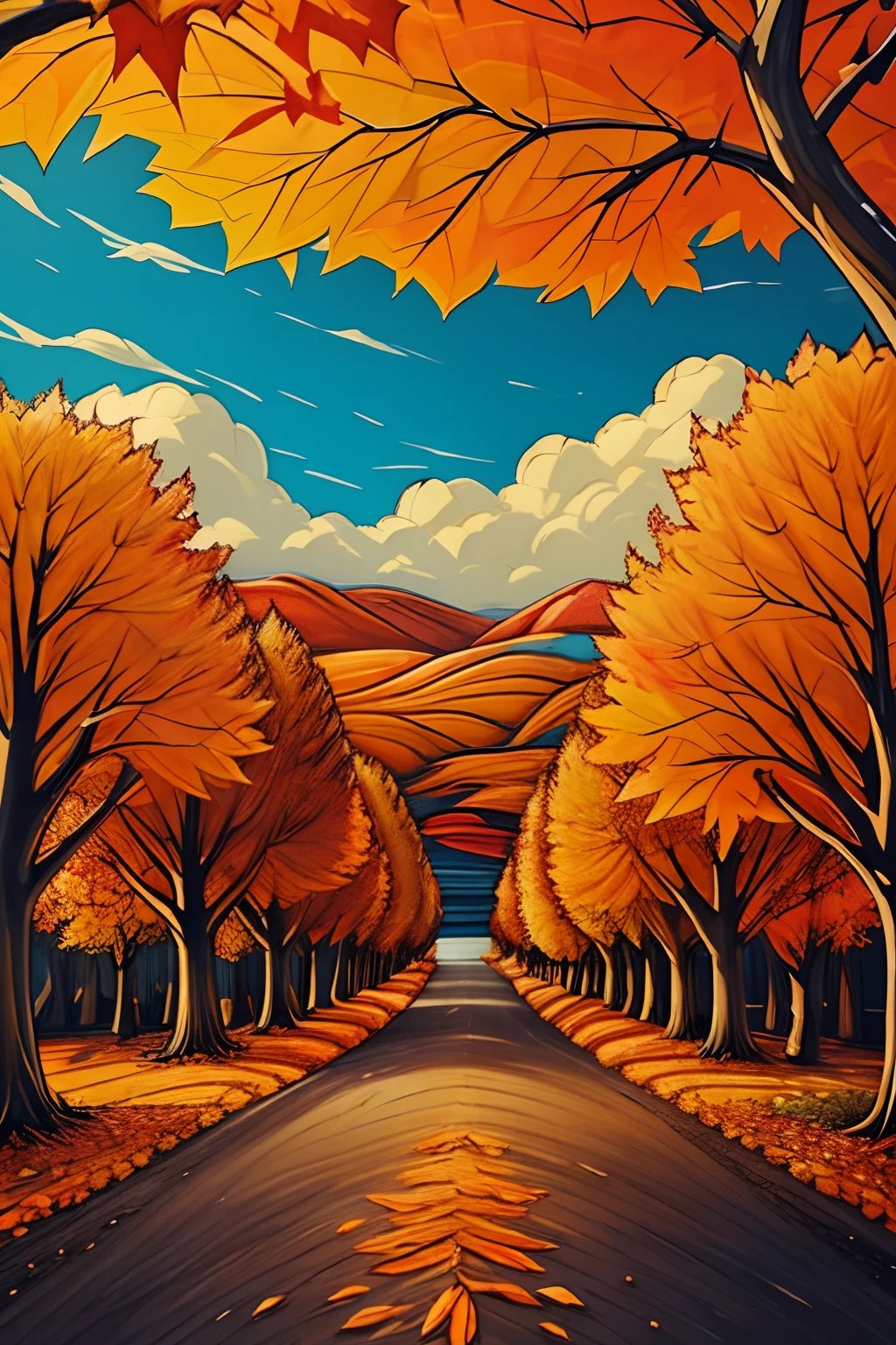 there is a picture of a road with trees in the fall, a digital painting by senior artist, pexels, fine art, scenic colorful environment, colorful trees, color highway, breathtaking colors, colorful scene, vibrant autumn colors, autumn! colors, colorful autumn trees, extraordinary colorful landscape, autumn colors, autumn season, rich picturesque colors, nature colors, beautiful wallpaper