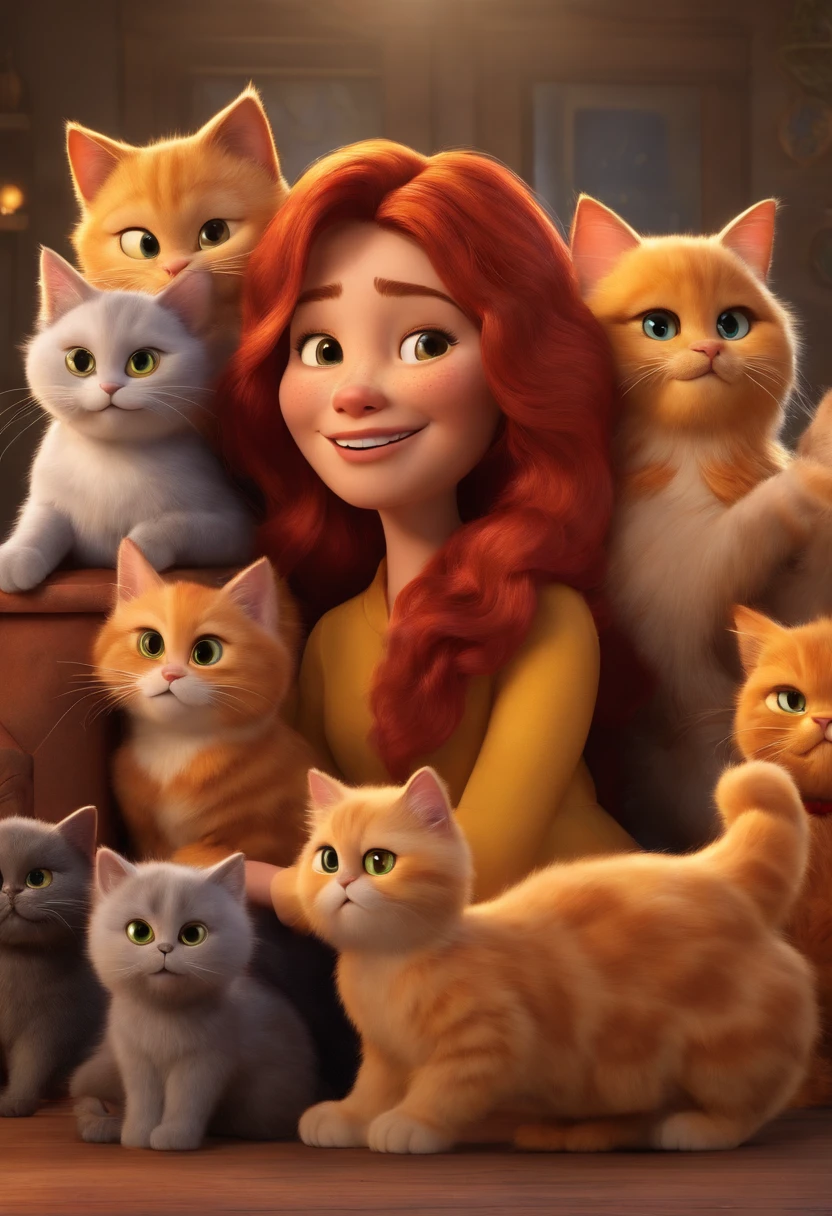 Pixar. create a Disney Pixar 3D-style poster featuring a red-haired 40-year-old Oriental woman playing with her five Persian cats, three gray cats, one yellow cat, and a Garfield type, with the title Friends Forever.