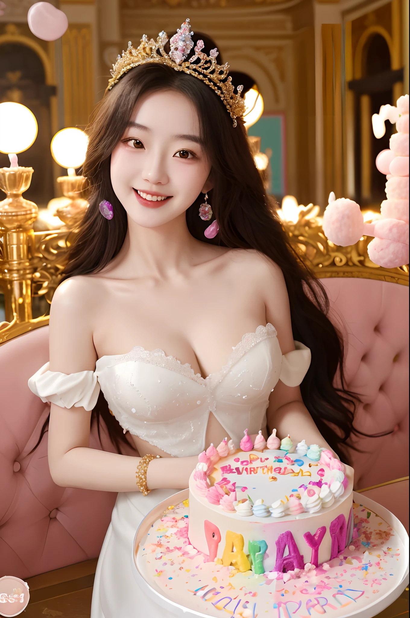 Beautiful 8K Ultra HD professional photos, Sharp focus, In a stunning fantasy world, Beautiful Korean teenage girl wearing a crown，Birthday cake filled with gems, A joyful smile, In a luxurious palace，A huge cake，It has candles and confetti on it, Huge birthday cake, with sparkling gems on top