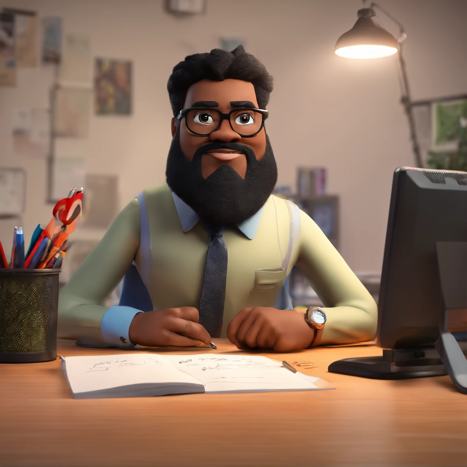 Crie um cartaz inspirado na Disney Pixar com o personagem sendo um homem moreno de 38 anos, A short-haired black man wearing black glasses with black lenses, Wearing a big black beard in an office using a pen to write on the desk