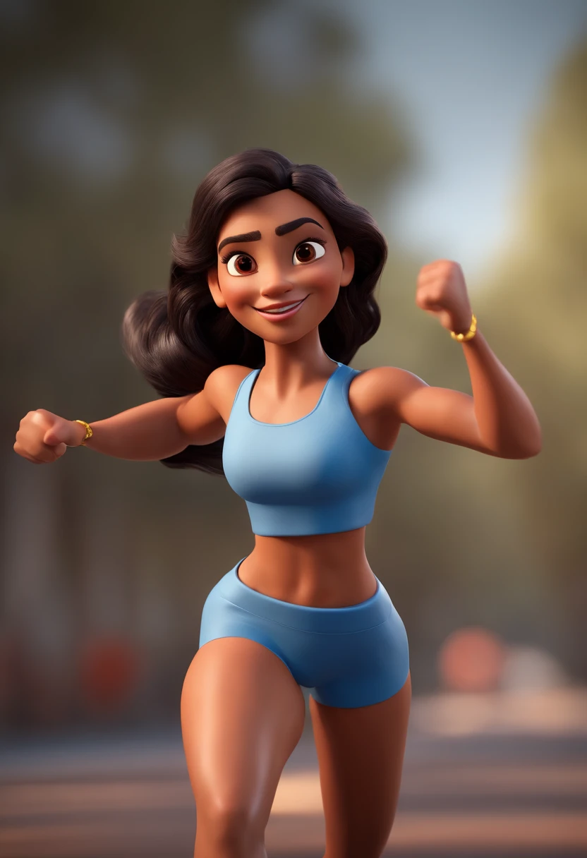 personagem dos desenhos animados de uma mulher  com blusa de corrida de maratona com rabo de cavalo e viseira branca de short e tenis no pe  estilizada,  cartoon, Personagem 3D, Personagem 3D, 3d rendering stylized, 3 d character render, personagem de desenho animado, Personagem de close up, Pose de personagem,  (Estilo Pixar) (master part:1.2) (Bokeh) (best quality) (pele detalhada) (textura detalhada) (8k) (argila) (Cinematic lighting) (foco nítido