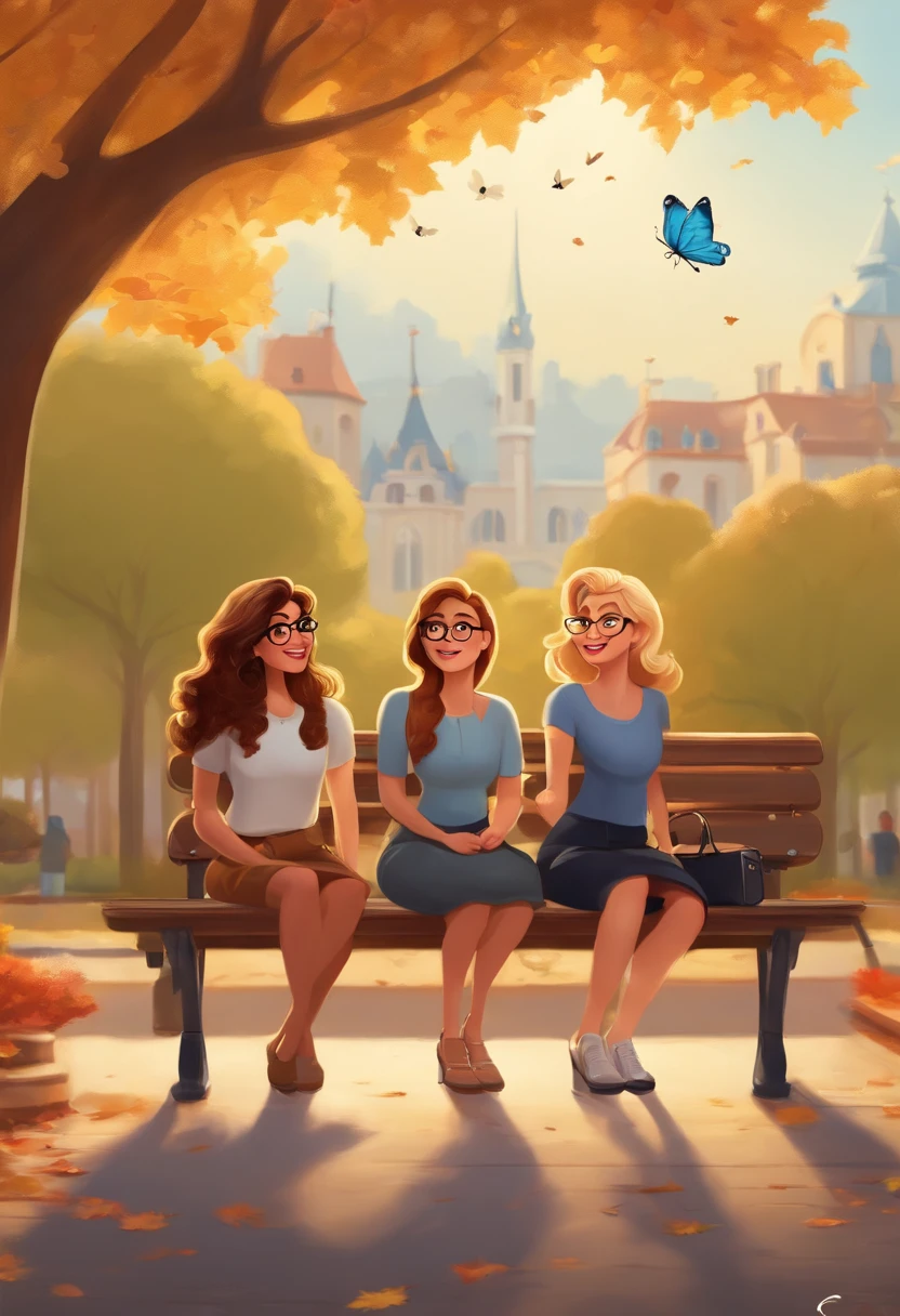 cartoon style, disney, pixar, three women siting down on a bench, blond woman wearing glasses, white t shirt, dark blue jeans, black shoes, blond woman wearing blue shirt, black skirt white shoes, brown wavy hair girl, black shirt, grey jeans, wearing glasses, butterflies around them, sunny day, autumn trees
