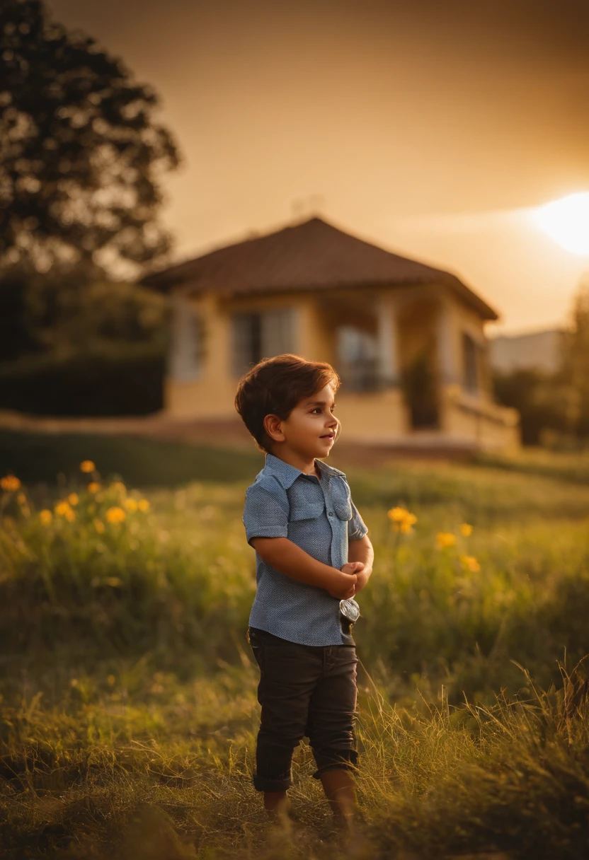 menino: Miguel, aproximadamente 5 anos de idade, cabelo curto estilo Disney, olhos castanhos e sorrisos. garota: Giovana, 2 anos, longos cabelos pretos e olhos azuis. scenecy: Miguel and Giovana are in a cozy little house in the valley, ao fundo um dia ensolarado, Destacando o Sol.