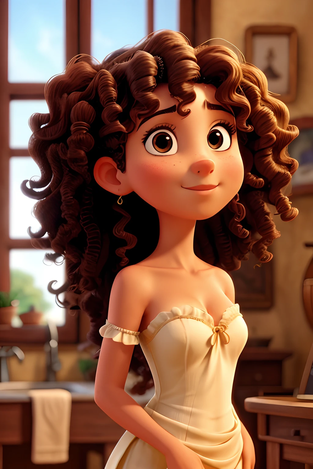 garota magra, Curly hair down to the neck, fair skin and Portuguese nose