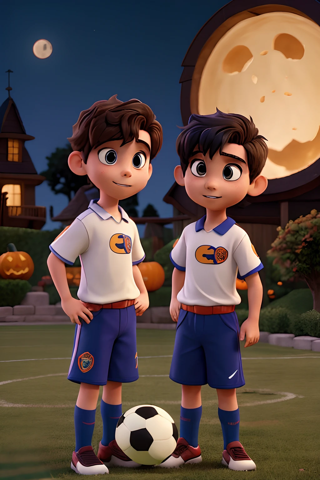 Two boys around 8 years old playing soccer at halloween night. They are playing against classical halloween characters. Pixar cartoon style