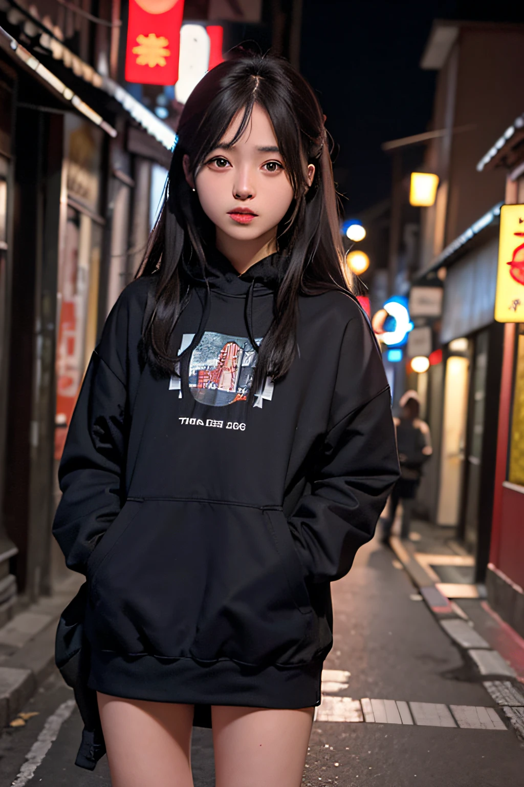 Best-quality, Masterpiece, Ultra-High-Resolution, (Photorealistic:1.4), Raw-Photo, Extremely-Details, Perfect-Anatomy, Ultra-Detailed, 

1girl, 16-years-old, the most famous Japanese idol, laughing out loud, in Tokyo's main street at midnight, completely drunk, 

wearing luxurious hoodie with cool design, 

extremely cute face llike a most popular Japanese actress, extremely beautiful big black solid circle eyes, extremely beautiful lips, extremely beautiful realistic skins, 

detailed luxurious hoodie with cool design, detailed Tokyo's main street at midnight, detailed situation of completely drunk