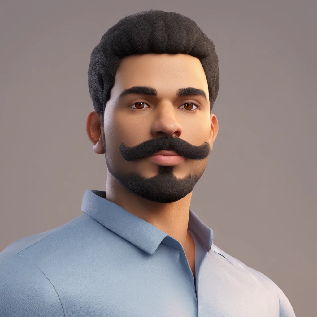Marques um jovem negro com bigode e cavanhaque, cabelo baixinho negros, brown eyes and slightly pink lips. Camisa listrada em tons de azul e branco.