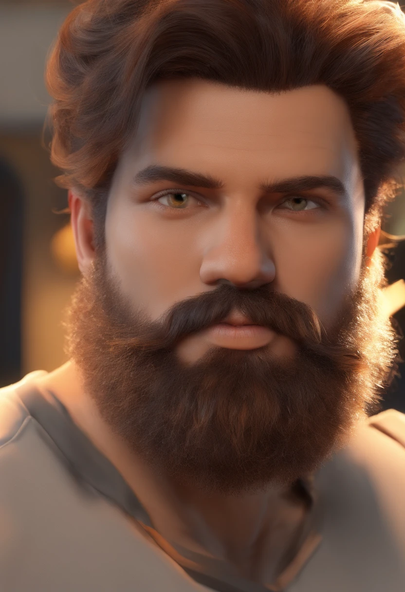 Homem de pele branca, barba lenhador grisalha, cabelo raspado, olhos castanhos
