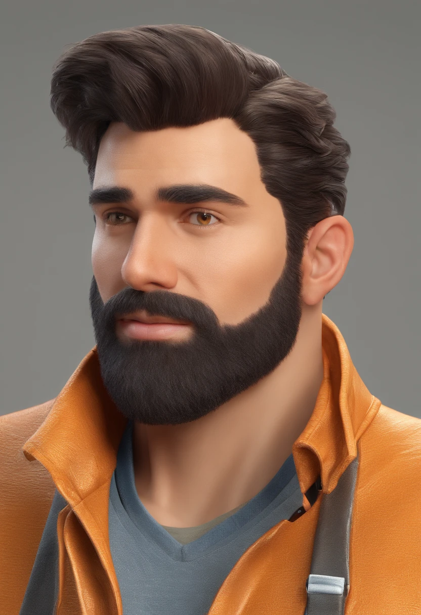 Homem de pele branca, barba lenhador grisalha, cabelo raspado, olhos castanhos