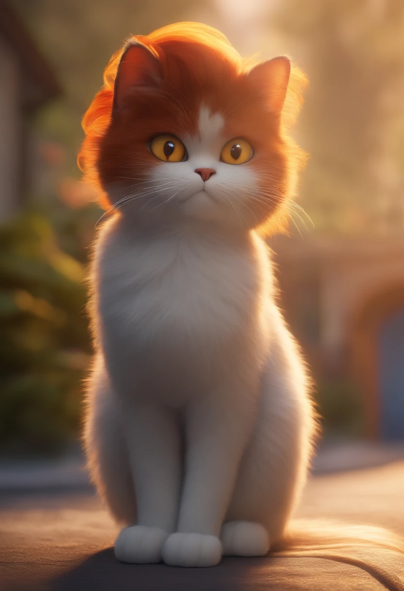 Pixar. create a "Disney Pixar" style poster with the title Persian Cat, a red medium-haired brown-eyed Japanese woman holding a gray Persian cat with orange eyes. with a focus on the vibrant colors and detailed textures characteristic of Disney Pixar animations.