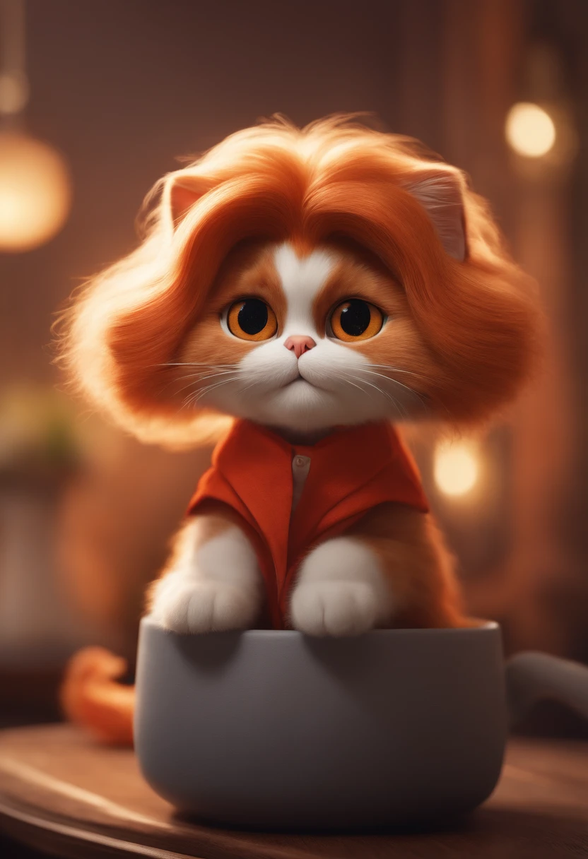 Pixar. create a "Disney Pixar" style poster with the title Persian Cat, a red medium-haired brown-eyed Japanese woman holding a gray Persian cat with orange eyes. with a focus on the vibrant colors and detailed textures characteristic of Disney Pixar animations.