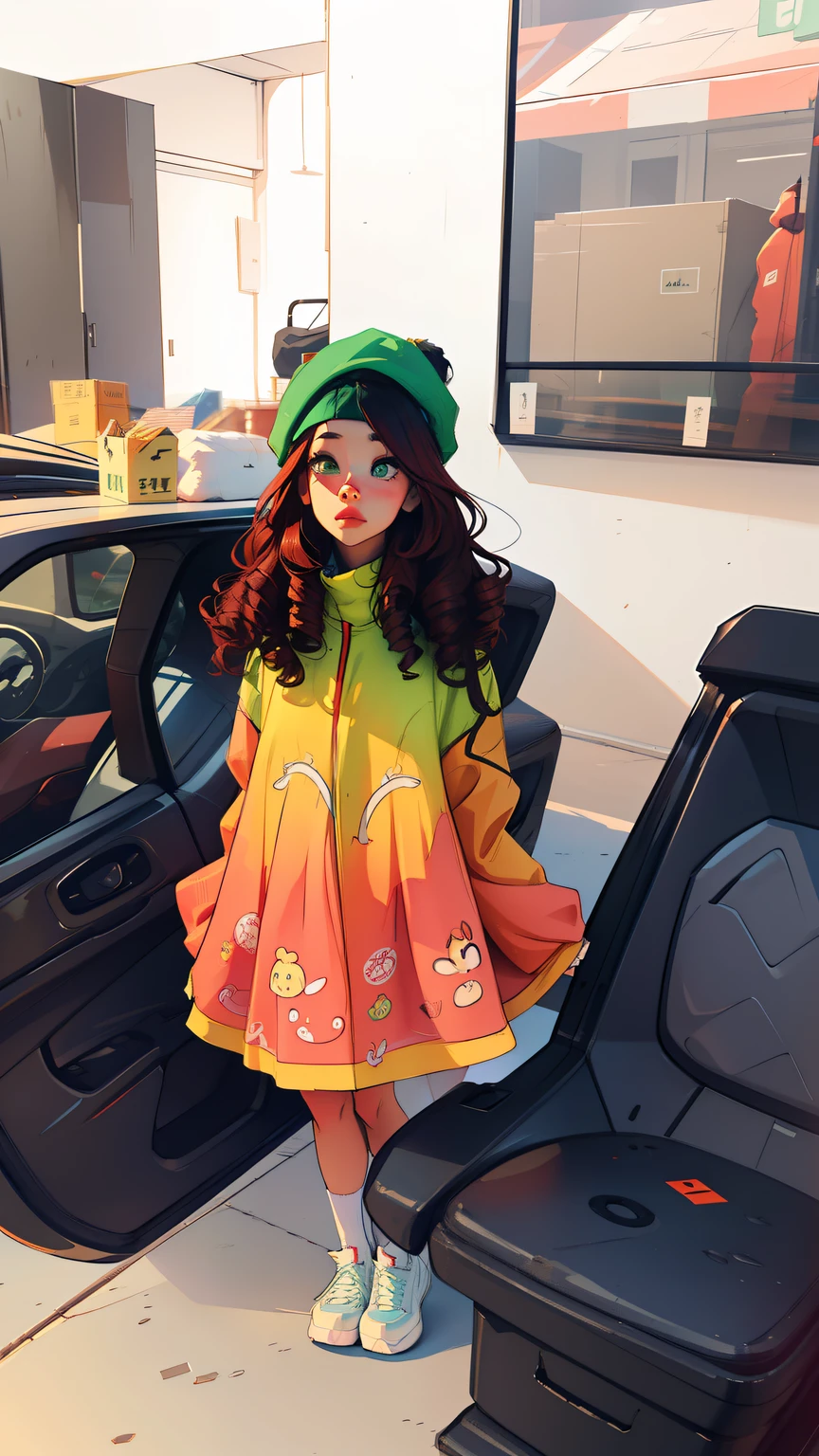 beautiful  girl,red curly hairs, green eyes,use burrows beret,yellow,cold and occluded,esculo,red,dark lens,use of little monkey Jean, realistic high 3D cartoon style full body dynamic lighting in a .colorful scenery,in a 4k,8k photographic pose.