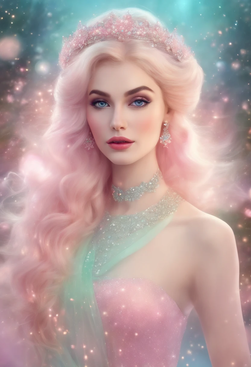 (cores fluorescentes:1.4),(translucent:1.4),(Filtros retro:1.4), (fantasia:1.4), world of sweets Disney earth ethereal soft cute landscape soft forest snowavatar pastel pink sky green blue ethereal brightness pastel light whimsical light rainbow stars diamonds brightness gemstone background hyper realistic Ultra quality cinematic lighting immense detail Full hd painting Well lit,franja diagonal, , vestido de gola alta,ao lado, master part, best quality,pele real,(retrato:1.5), 1girl, franja contundente, cabelos longos