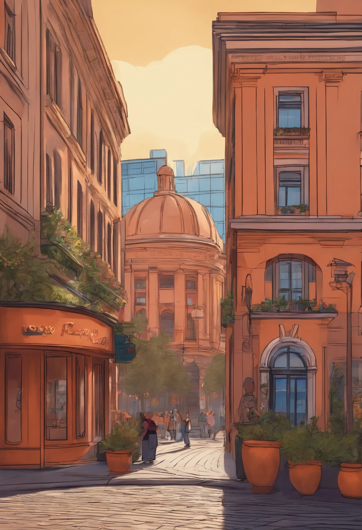 Pixar 3D style drawing of a slimming clinic in the city center with a character in the foreground
