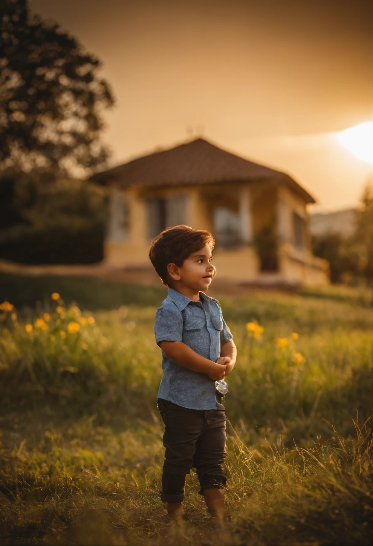 : Miguel, aproximadamente 5 anos de idade, cabelo curto estilo Disney, olhos castanhos e sorrisos. garota: Giovana, 2 anos, longos cabelos pretos e olhos azuis. scenecy: Miguel and Giovana are in a cozy little house in the valley, ao fundo um dia ensolarado, Destacando o Sol.