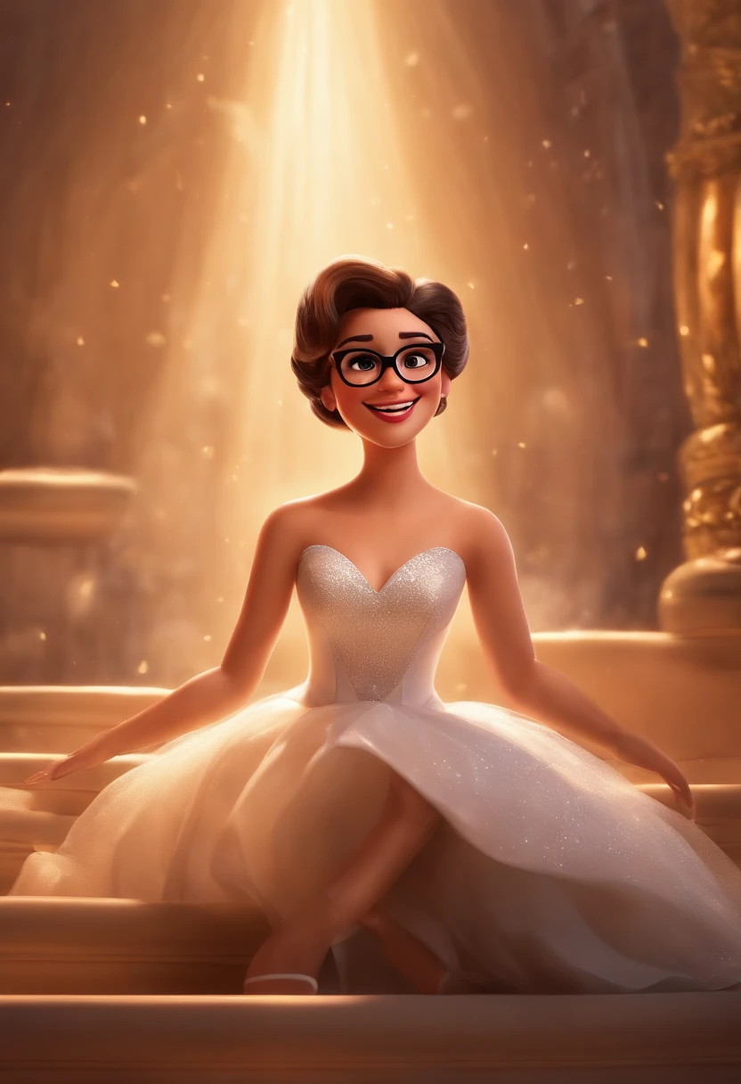"(best quality,ultra-detalhado,Realistic:1.37),3D rendering,illustration,design de personagens,cabelos curtos e cacheados escuros,belos olhos detalhados,wearing white glasses,Estilo Pixar,morena mulher,Dancing on the Disney stage,atmosfera animada,vivid colors,luzes de palco,expression joyful"