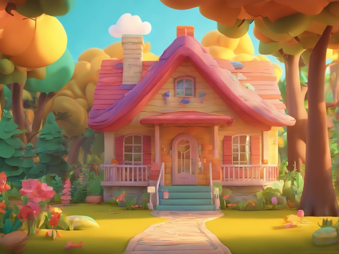 Scenery, house with forest background, children's book illustration style, simple, cute, bright colors, Pixar style.