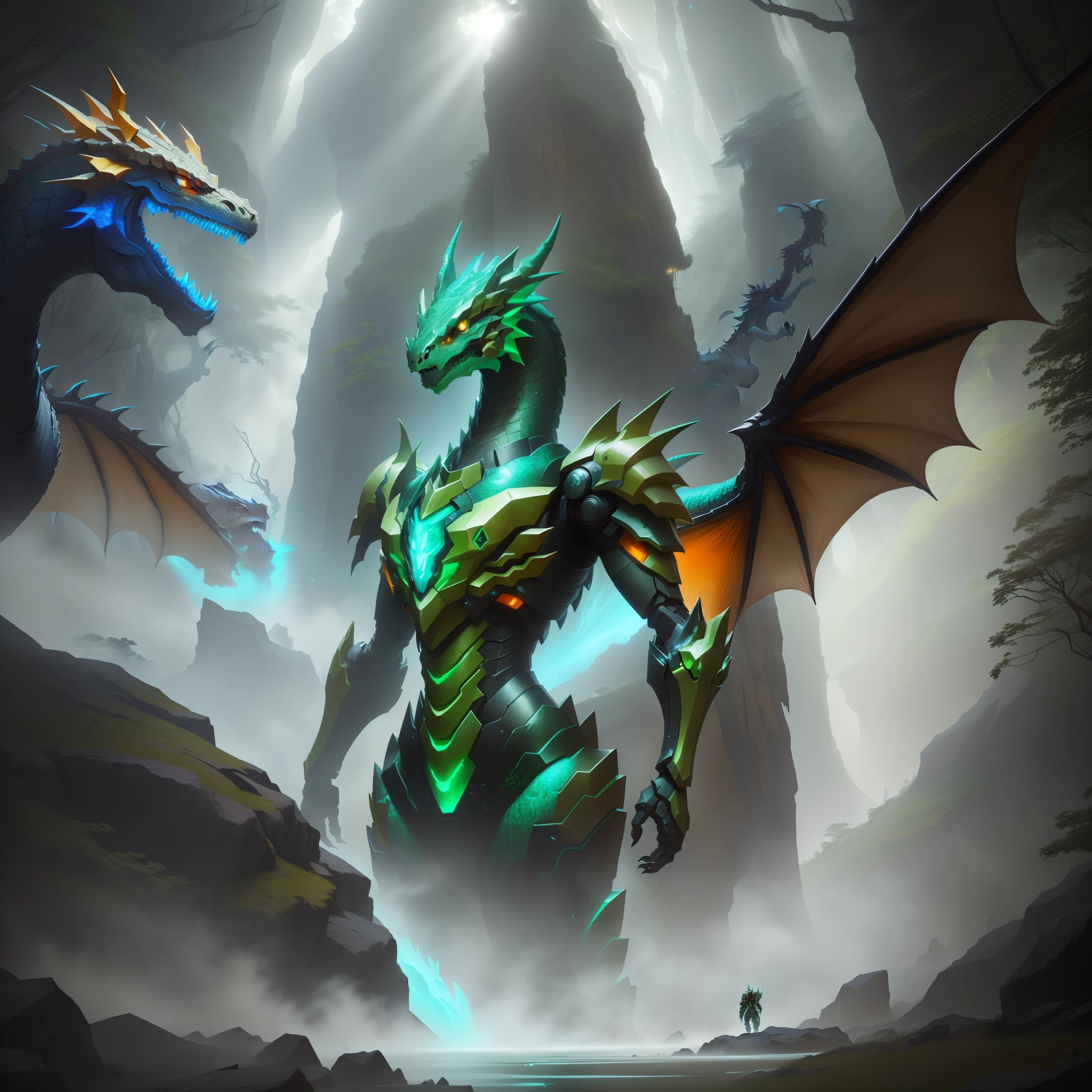 there is a drawing of a dragon with a green and orange head, with scaly-looking armor, as a badass monster hunter, sleek mecha female dragon head, cyborg dragon portrait, d&d character head portrait, robot mecha female dragon head, a baddass dragon, but as an anthropomorphic dragon, as an anthropomorphic dragon, Game: Ark Evolved, Big dinosaur standing in a forest, with blue water, and a huge sci fi house, best quality, masterpiece, 8k, art by artgerm, sharp focus, (full body),
