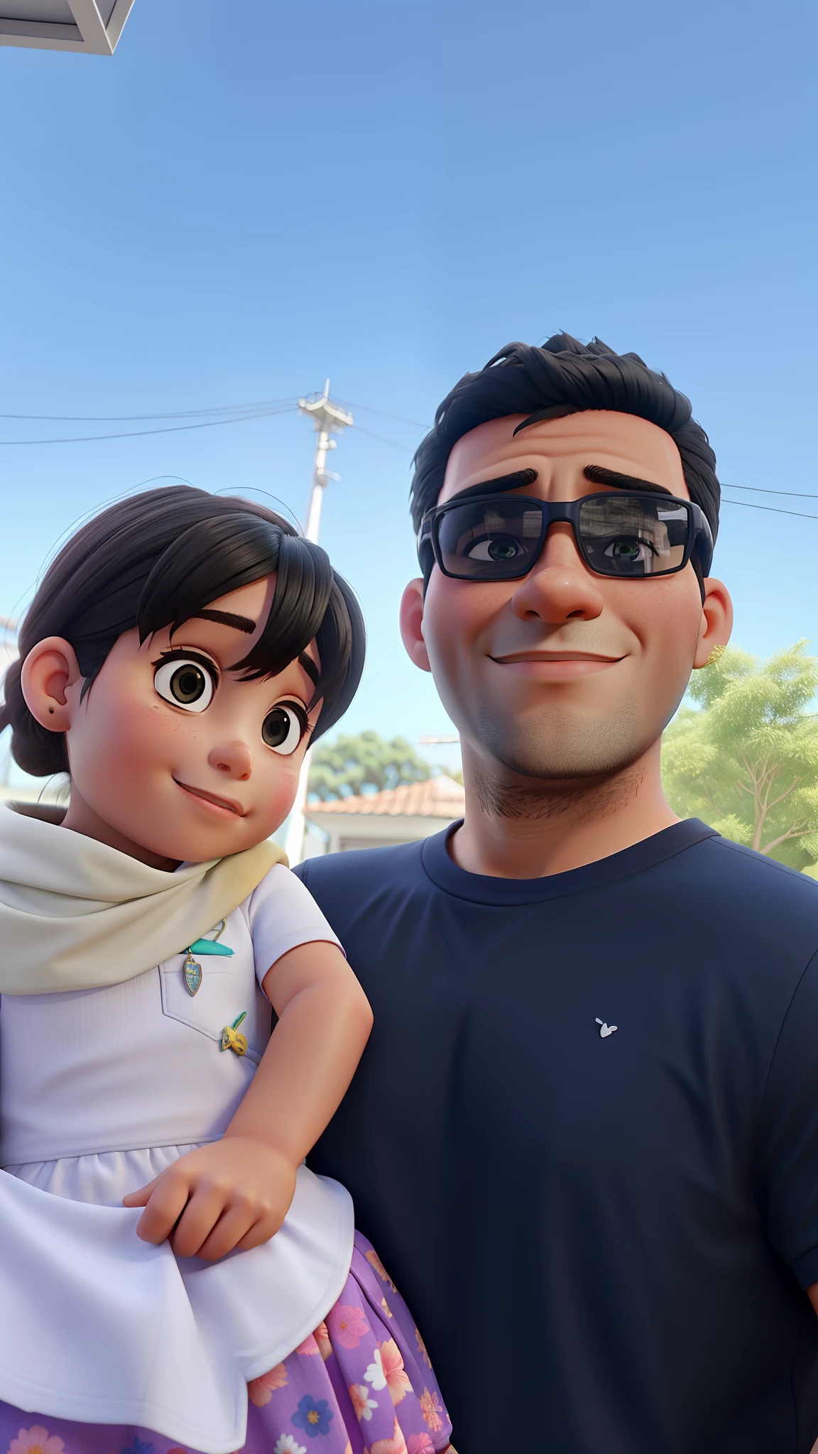 Pai e filha, em dia nublado, com leve garoa ambientado em cidade cosmopolita