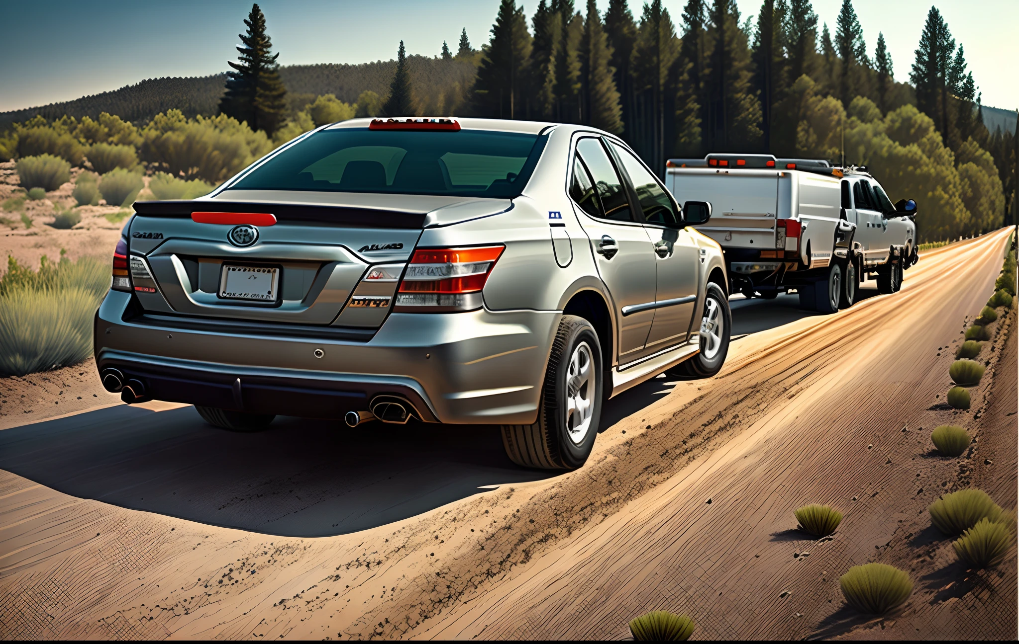 AAA towing company truck towing a 2009 gray Toyota Camry with a flat tire
