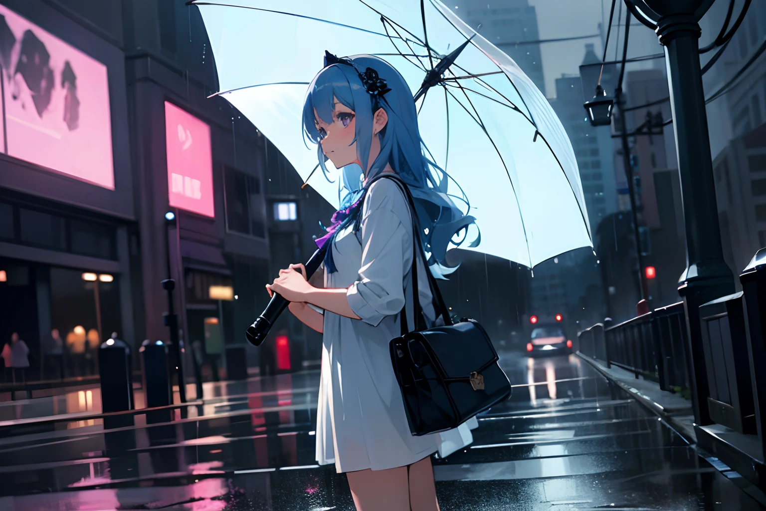 blue rose girl, rose on hair, hair accessories, daily clothes, smart casual outfit, blue hair, hd, ultra quality, pleasant face, wide angle, long shot, looking away, detailed eyes, public, street, rainy day.