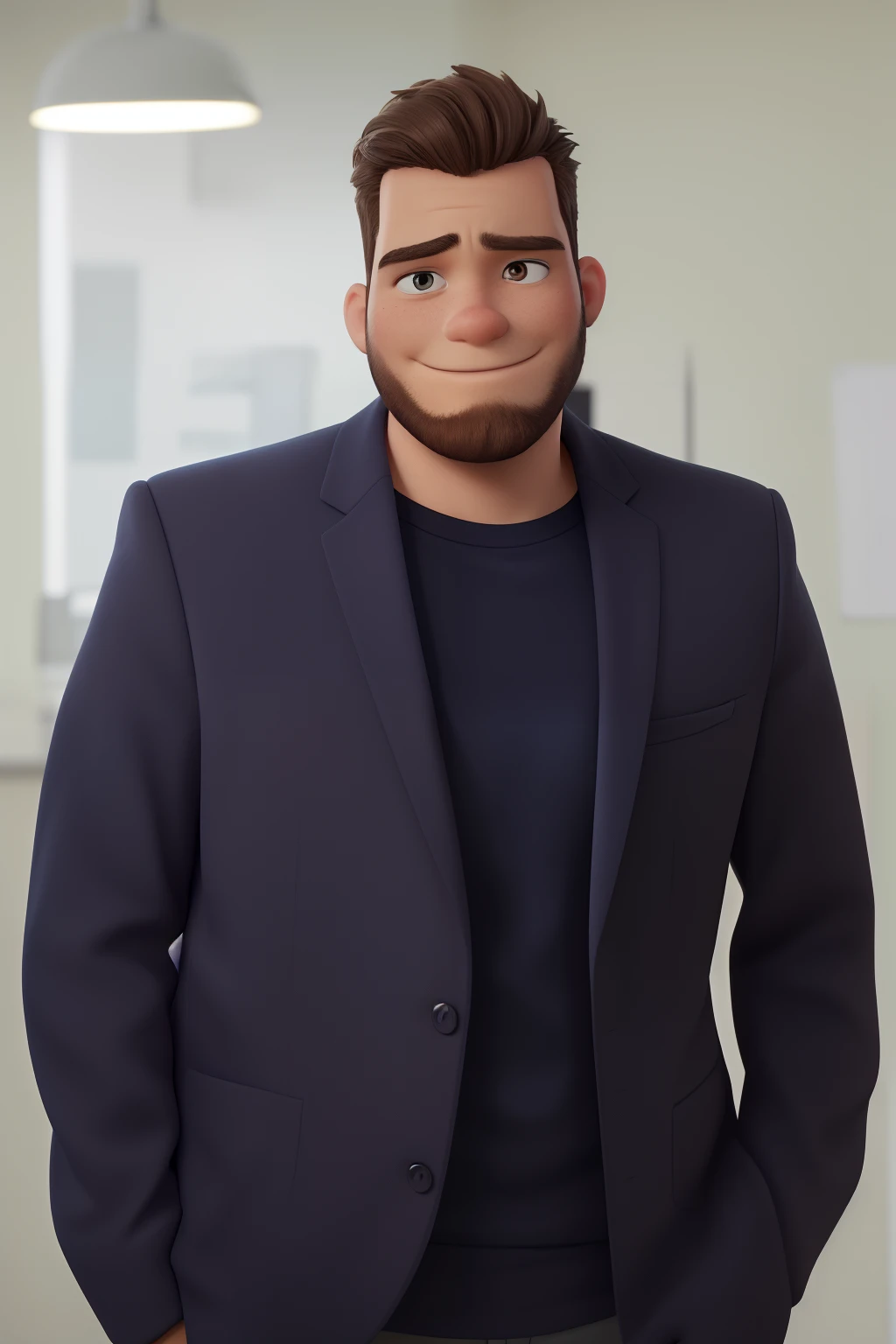 Criar um cartaz de um filme Disney Pixar, with the title "IT HASN'T EVEN BEGUN!"Man with brown skin, thin beard, olhos castanhos escuros, com um terno preto e camisa preto, cabelo com topete e lados raspados, He's in a fancy office, com uma biblioteca no fundo com luzes verdes e azuis e uma mesa com um iMac