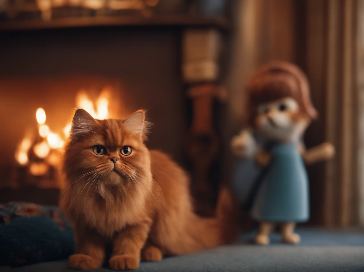Pixar. create a "Disney Pixar" style poster with the title Persian Cat, a red medium-haired brown-eyed Japanese woman holding a gray Persian cat with orange eyes. with a focus on the vibrant colors and detailed textures characteristic of Disney Pixar animations.