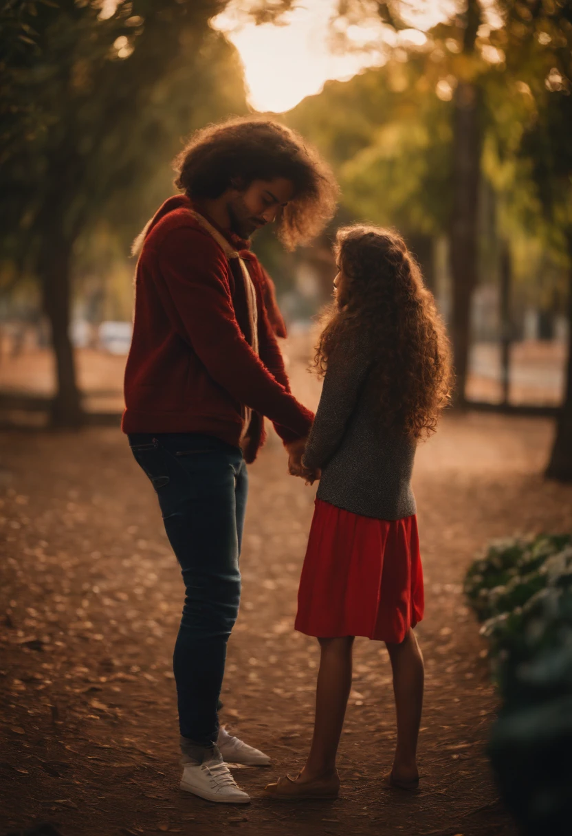 imagem arafed de uma menina em um parque com seu amigo moreno de cabelo cacheado com moletom vermelho, nome deles ricardo e Alexandra