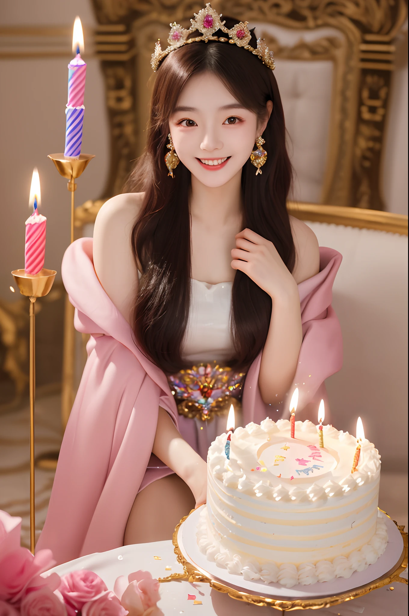 Beautiful 8K Ultra HD professional photos, Sharp focus, In a stunning fantasy world, Beautiful Korean teenage girl wearing a crown,Birthday cake filled with gems, A joyful smile, In a luxurious palace,A huge cake,It has candles and confetti on it, Huge birthday cake, with sparkling gems on top