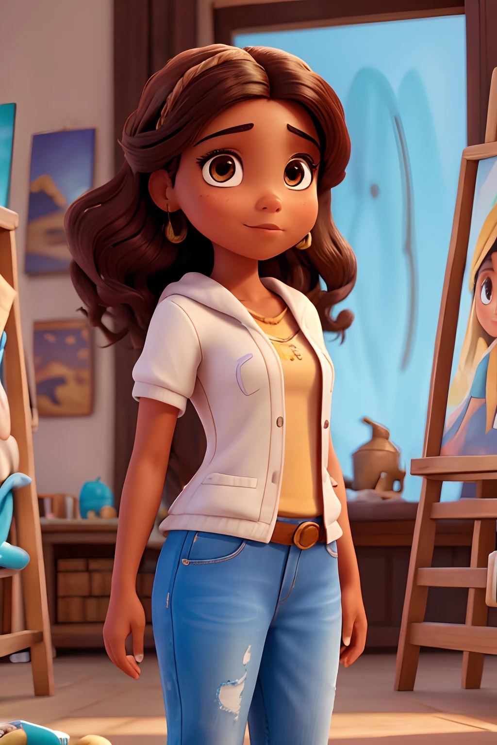 Capa de filme estilo Disney, uma menina morena com olhos castanhos, Brown skin and medium straight hair side working painting pictures and an art studio in the background
