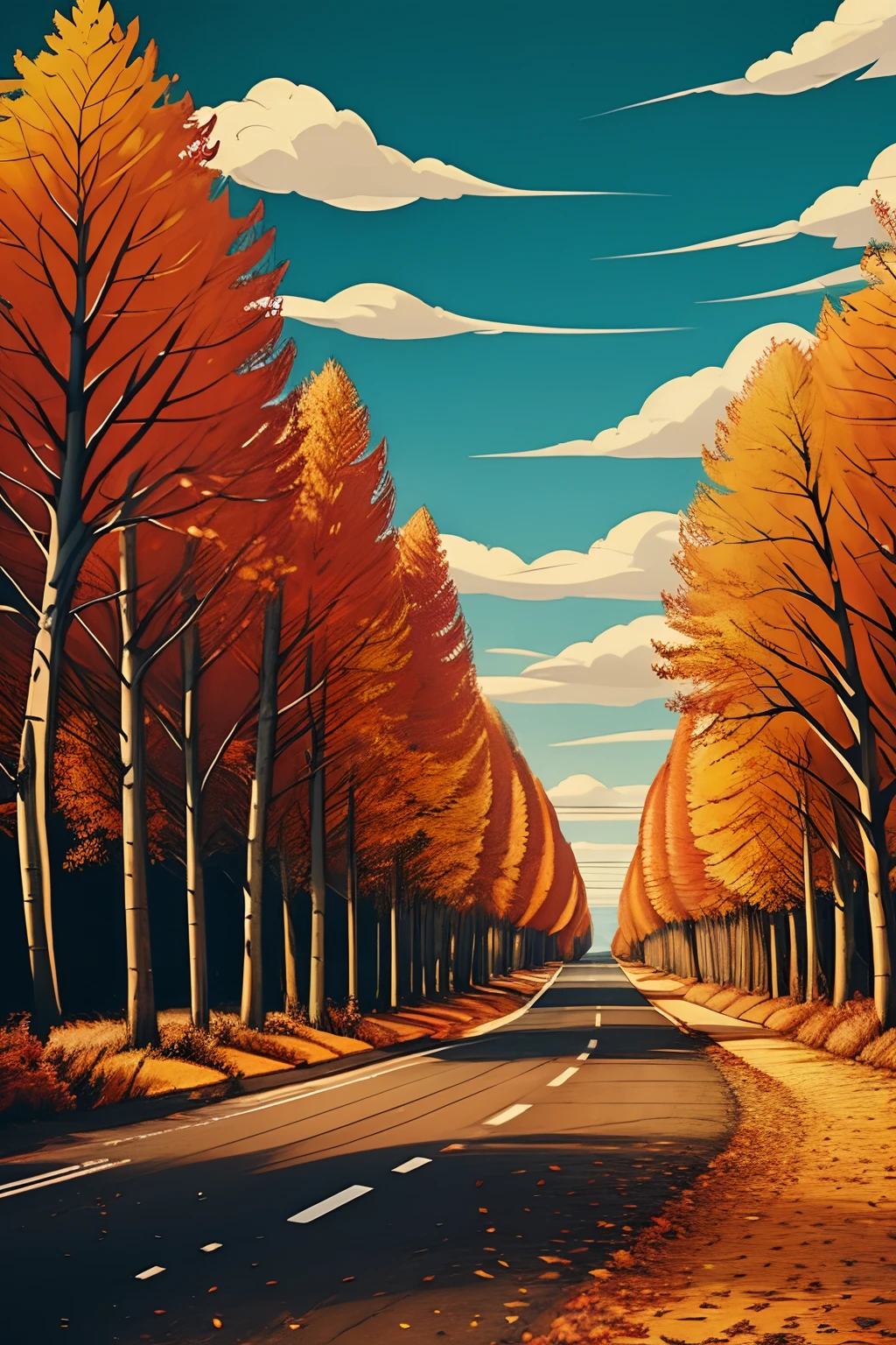 there is a picture of a road with trees in the fall, a digital painting by senior artist, pexels, fine art, scenic colorful environment, colorful trees, color highway, breathtaking colors, colorful scene, vibrant autumn colors, autumn! colors, colorful autumn trees, extraordinary colorful landscape, autumn colors, autumn season, rich picturesque colors, nature colors, beautiful wallpaper. '1 girl lost on the road