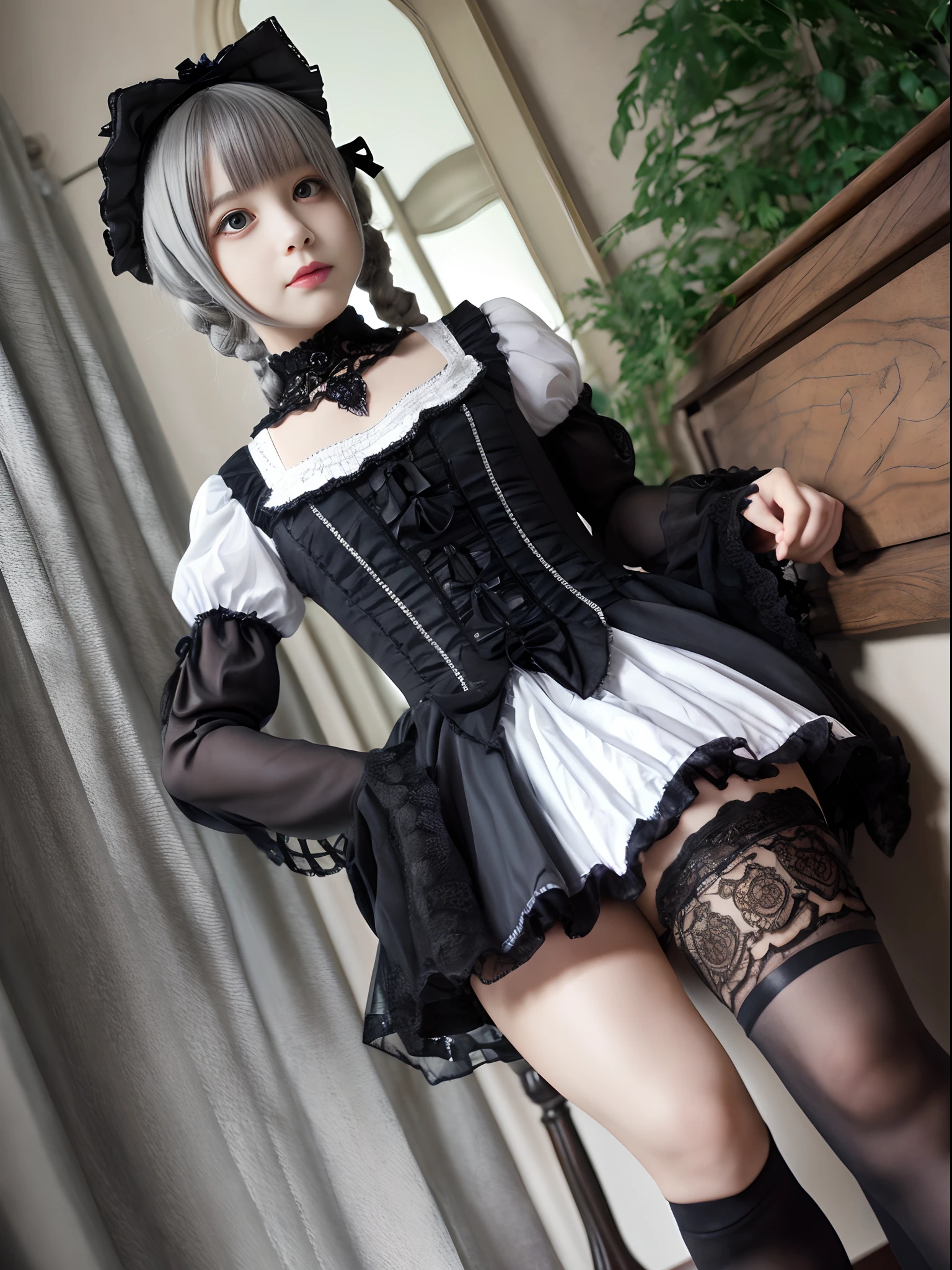 1girl in, masutepiece, superlative, High resolution, (Gothic_Lolita:1.4), Stockings, Gray hair