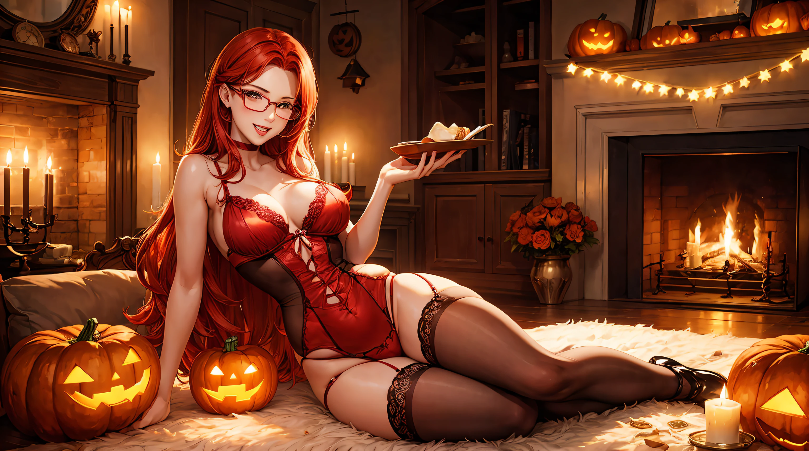 Beautiful girl with red hair in erotic lingerie and glasses, rejoices in the holiday, Halloween, Pumpkin, autumn, soft light, holiday, Cats and cats, candle lights, fireplace, Hot Chocolate with Biscuits, Cakes, 真实感, Correct anatomy, супер HD