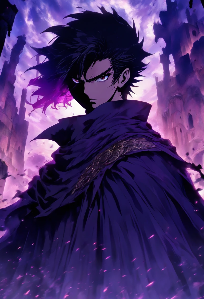 Tall man, appearance , short hair combed back, black hair, His skin is white, He is wearing a black coat that covers his mouth and nose, his gaze is serene, He is in the ruins of an ancient castle made of stone, it is a dark and gloomy place, His eyes are purple, his hands are bandaged, He is wearing a long black cape, imposing, ((best quality)) ((very detailed)) ((As per description)) ((masterpiece))