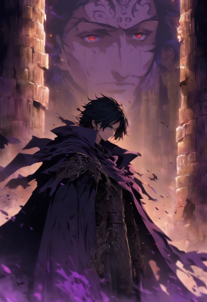 Tall man, appearance 17 years old, short hair combed back, black hair, His skin is white, He is wearing a black coat that covers his mouth and nose, his gaze is serene, He is in the ruins of an ancient castle made of stone, it is a dark and gloomy place, His eyes are purple, his hands are bandaged, He is wearing a long black cape, imposing, ((best quality)) ((very detailed)) ((As per description)) ((masterpiece))