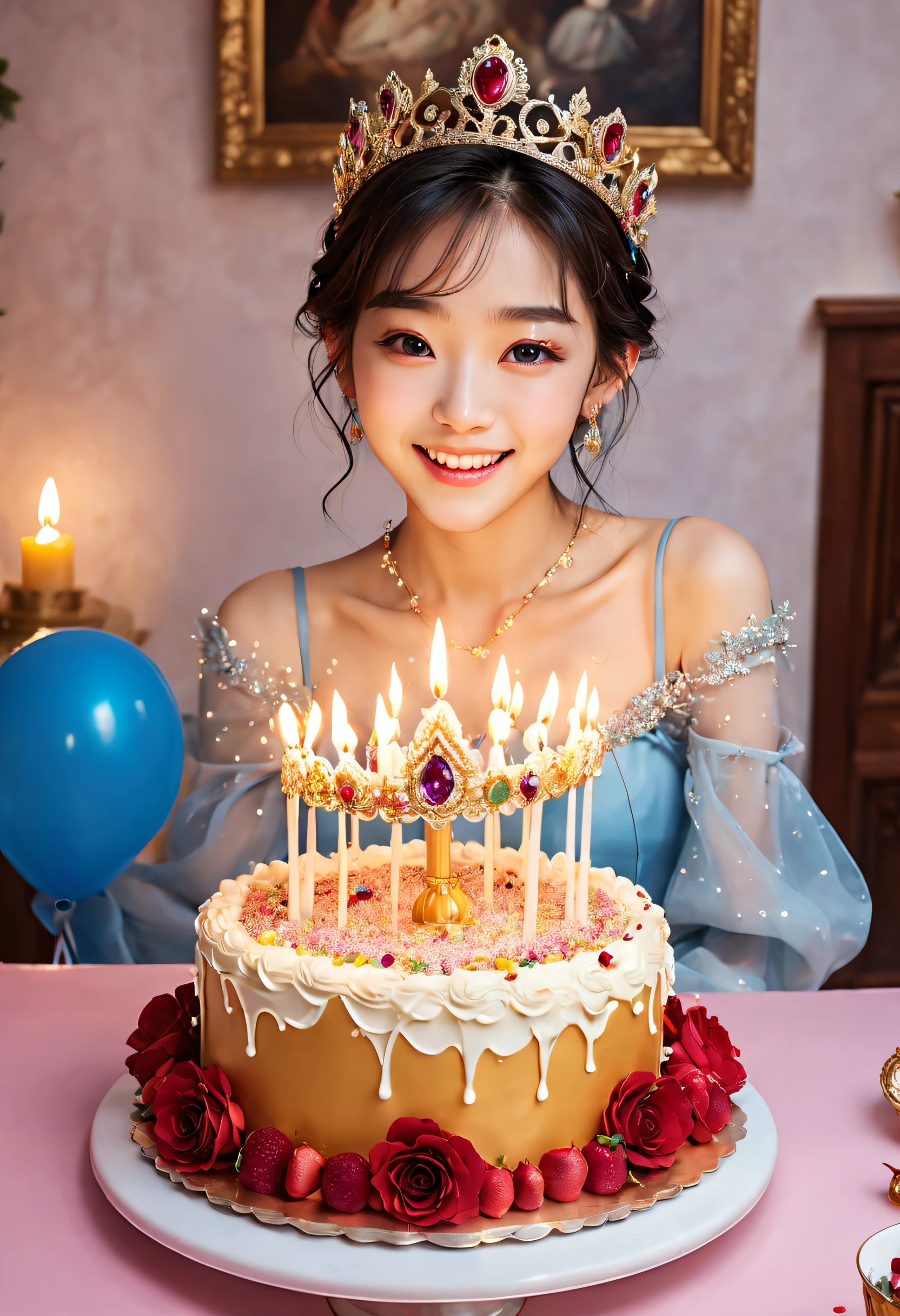 Beautiful 8K Ultra HD professional photos, Sharp focus, In a stunning fantasy world, Beautiful Korean teenage girl wearing a crown,Birthday cake filled with gems, A joyful smile, In a luxurious palace,A huge cake,It has candles and confetti on it, Huge birthday cake, with sparkling gems on top
