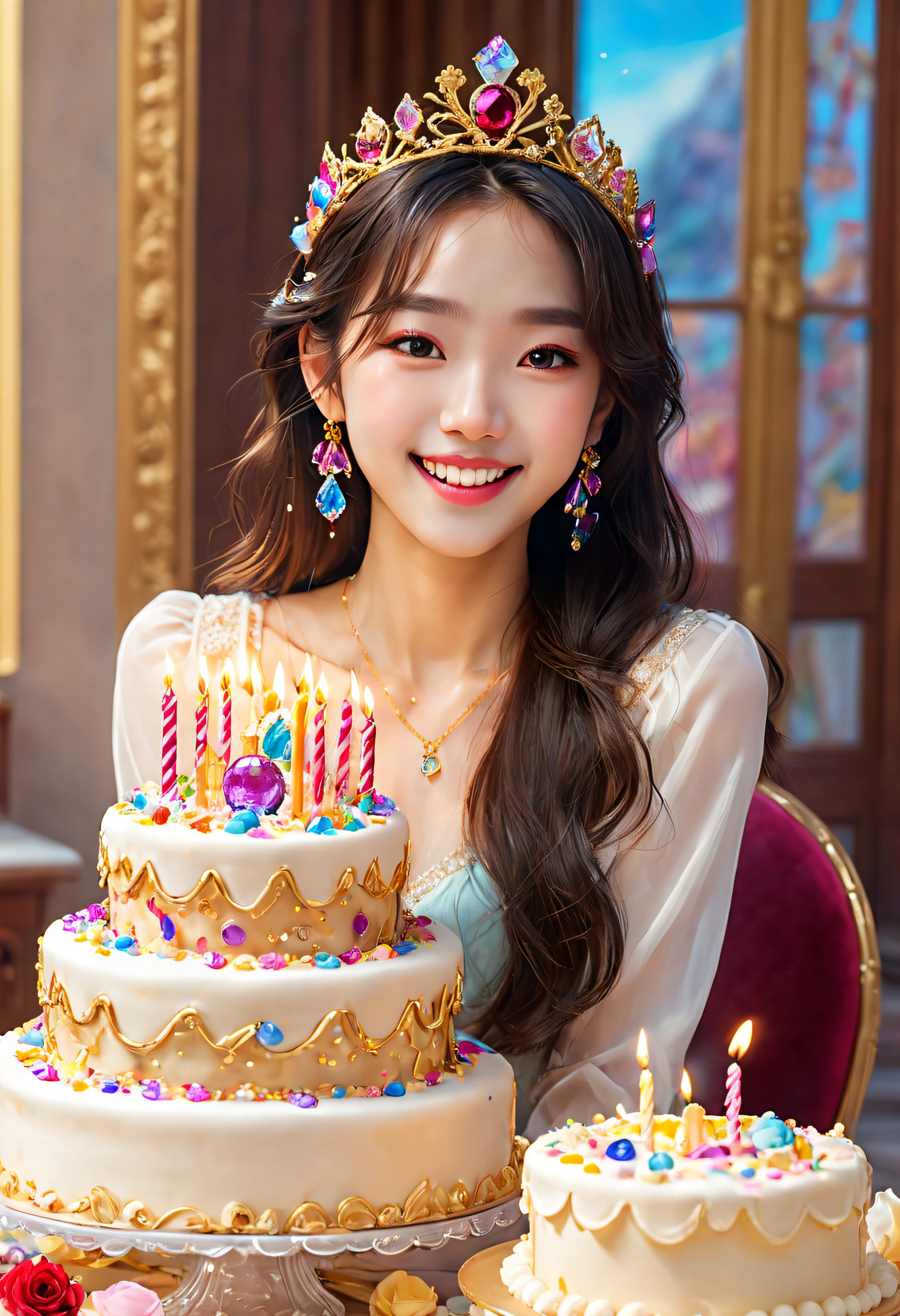 Beautiful 8K Ultra HD professional photos, Sharp focus, In a stunning fantasy world, Beautiful Korean teenage girl wearing a crown，Birthday cake filled with gems, A joyful smile, In a luxurious palace，A huge cake，It has candles and confetti on it, Huge birthday cake, with sparkling gems on top