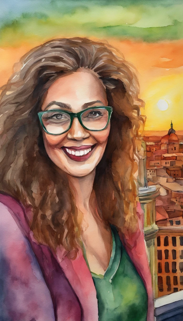 garota de cabelo verde e rosa, with prescription glasses, Looking from the top of a building at sunset